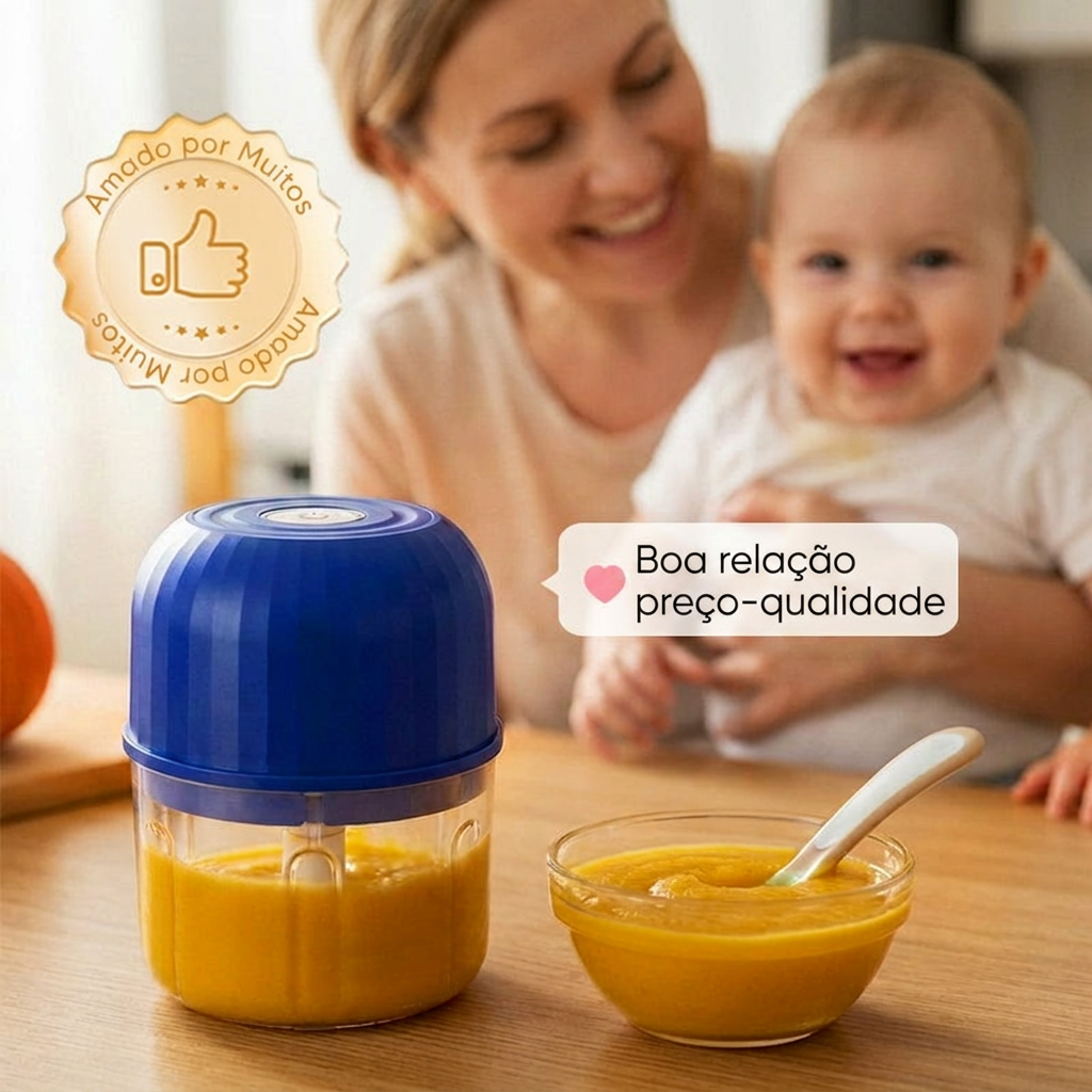 Mãe a preparar papinha caseira para o bebé com a mini picadora