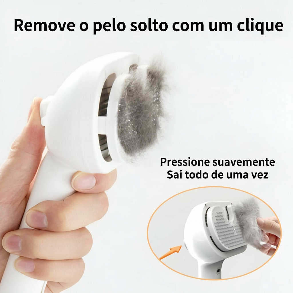 Botão de um clique que remove todo o pelo solto recolhido de uma vez