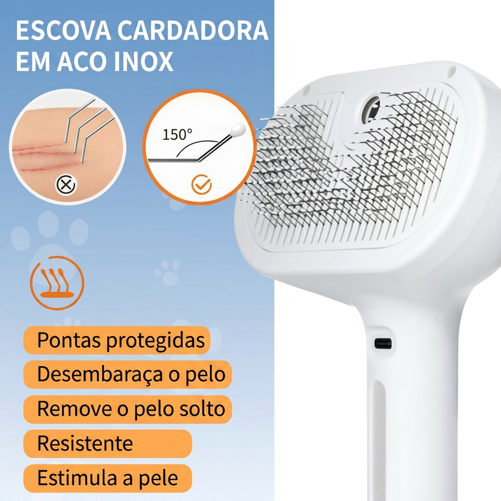 Escova cardadora em aço inox com pontas protegidas que desembaraça e remove o pelo