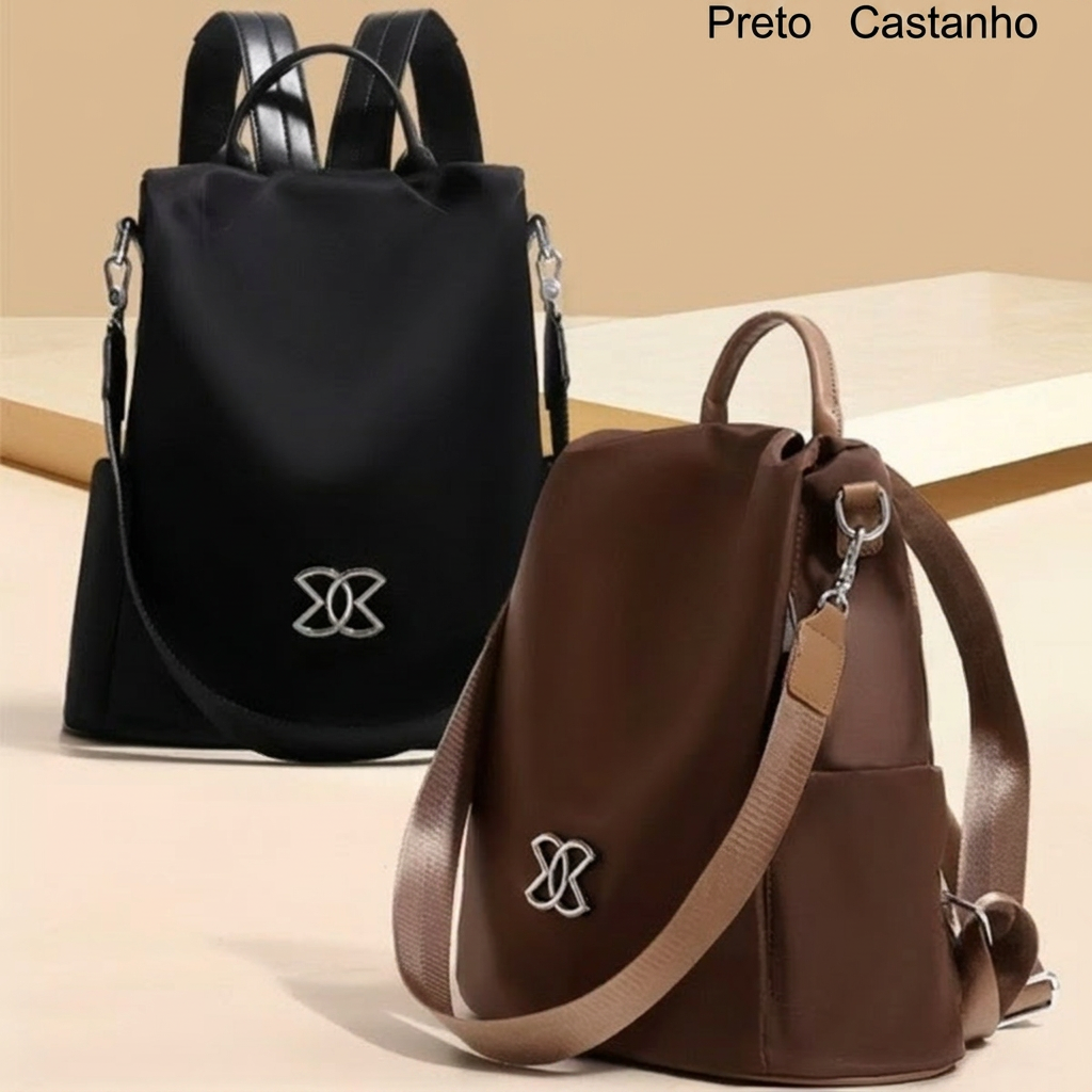 Mochila antirroubo disponível nas cores preto e castanho