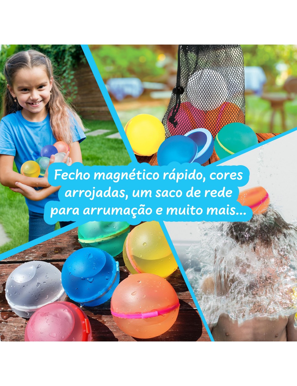 Menina com os balões de água coloridos e o saco de rede de arrumação