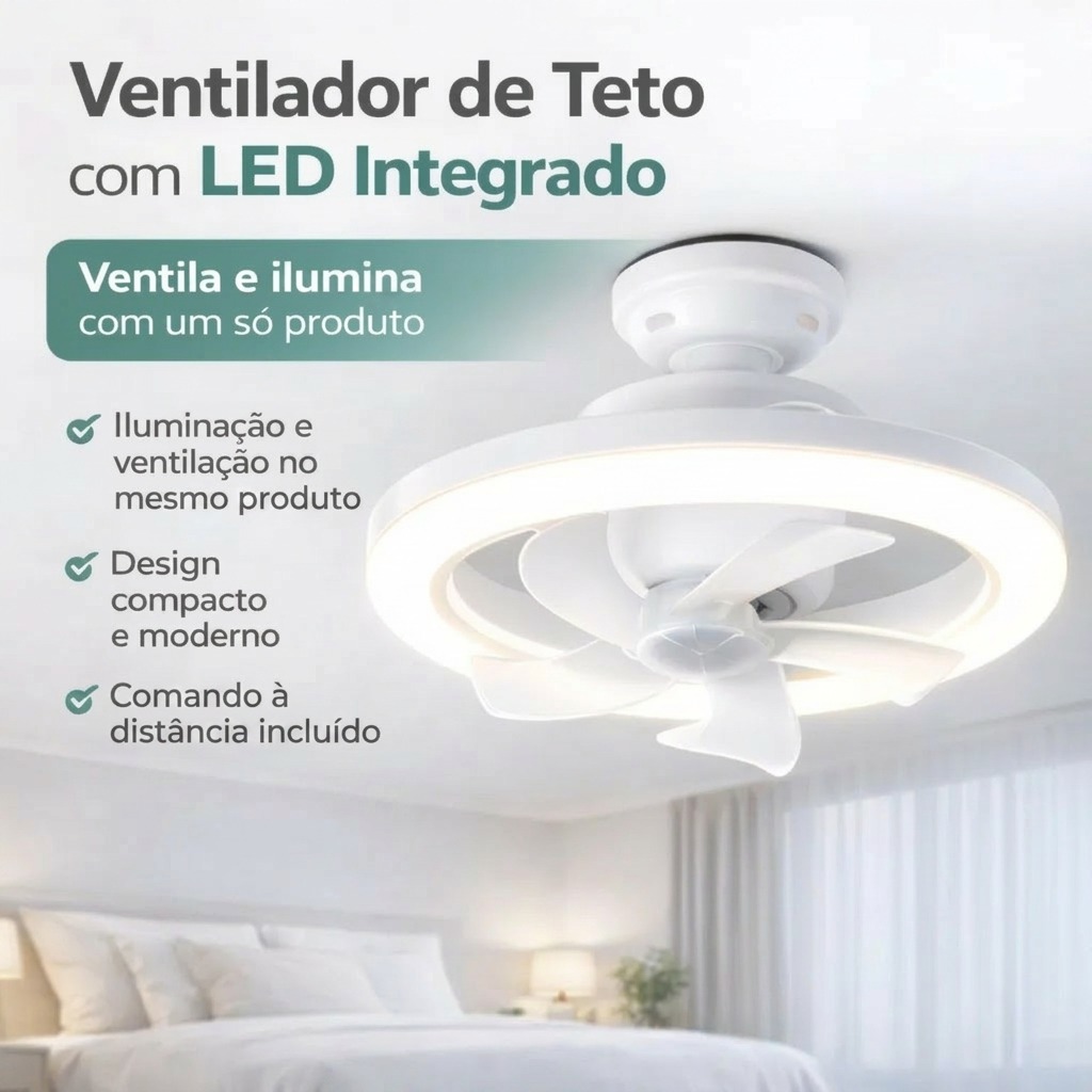 Luminária ventilador de teto LED 2 em 1 instalada num quarto