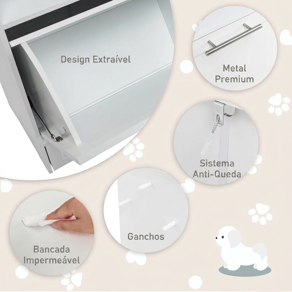 Design extraível, metal premium, sistema anti-queda, ganchos, bancada impermeável