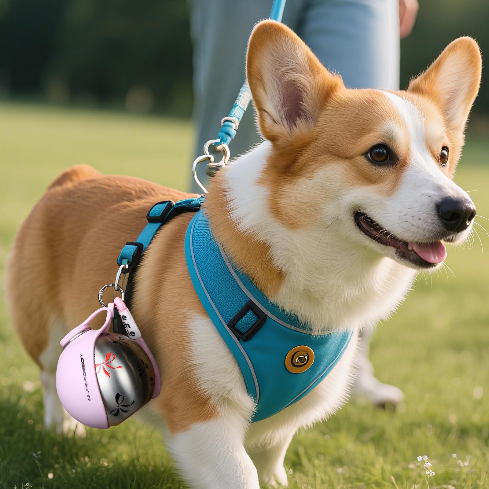 Cão a passear com a garrafa de água portátil pendurada no peitoral