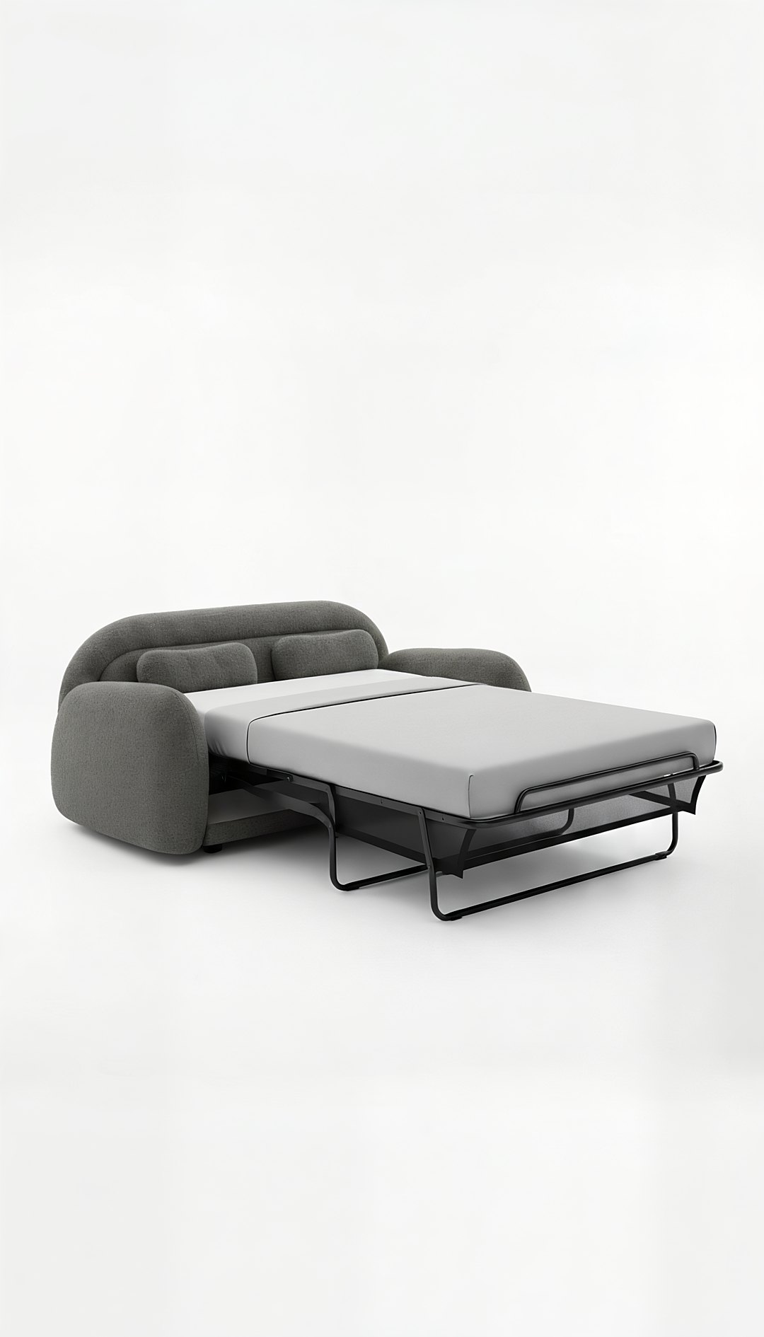 Sofá-cama de bouclé a meio da abertura, a transformar-se em cama