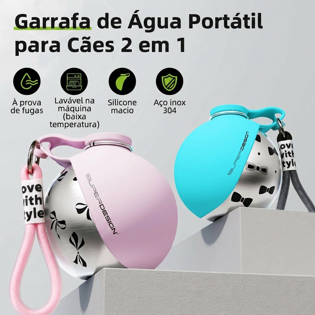 Garrafa de água portátil 2 em 1 para cães: cantil em inox e tigela de silicone