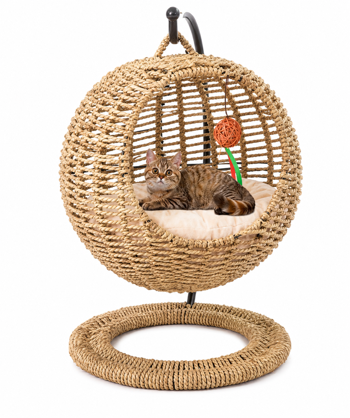 Ninho Suspenso de Vime para Gatos — Cama Baloiço com Almofada Lavável e Brinquedo