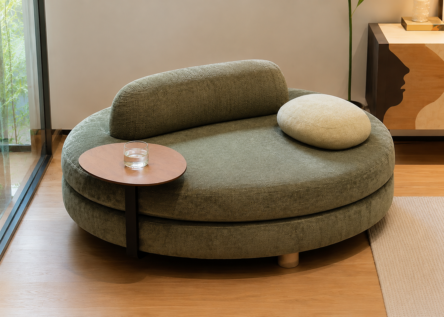 SOFÁ REDONDO PREMIUM DE LUXO COM MESA LATERAL INTEGRADA