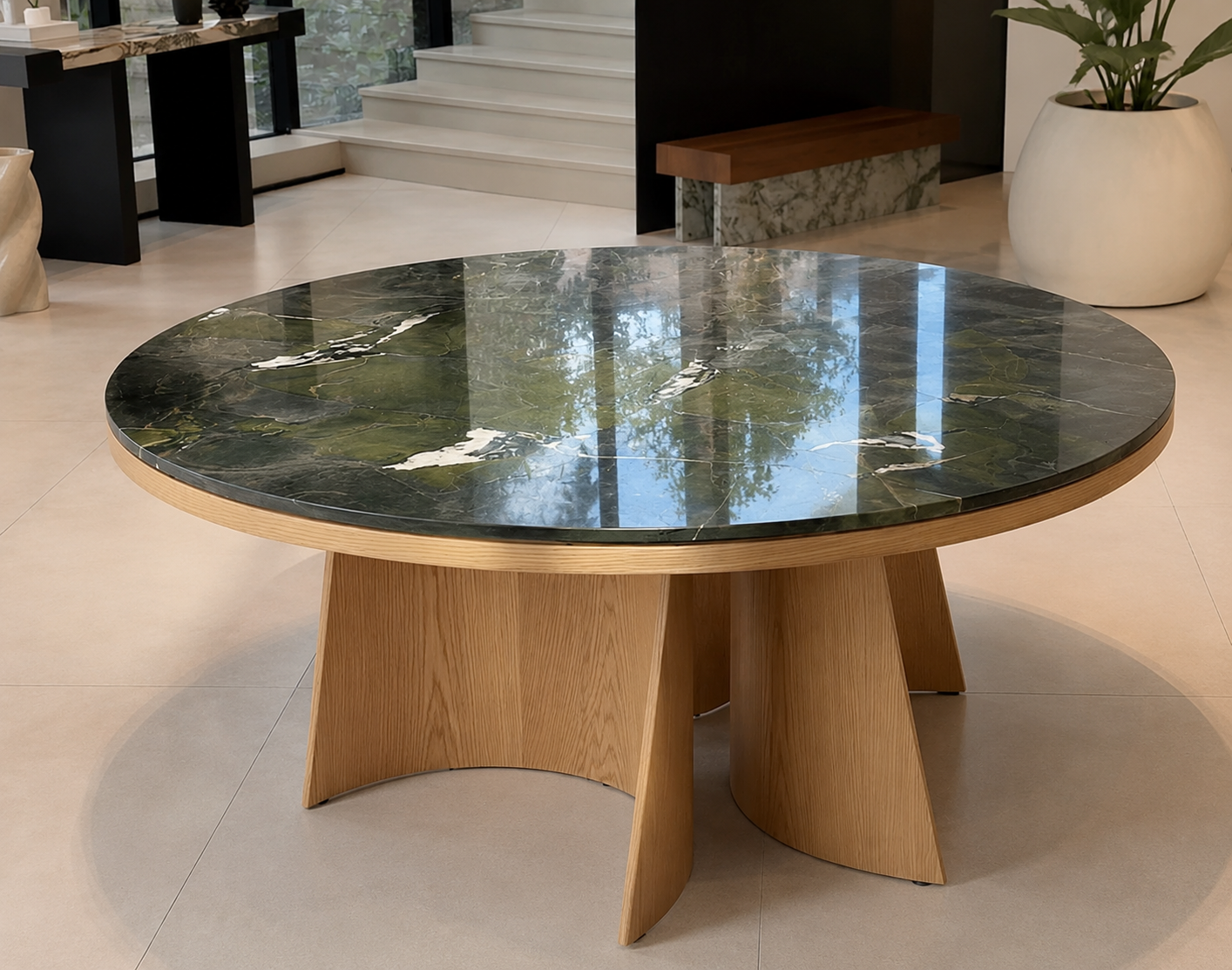 MESA REDONDA PREMIUM EM MÁRMORE VERDE E MADEIRA NATURAL COM DESIGN EXCLUSIVO