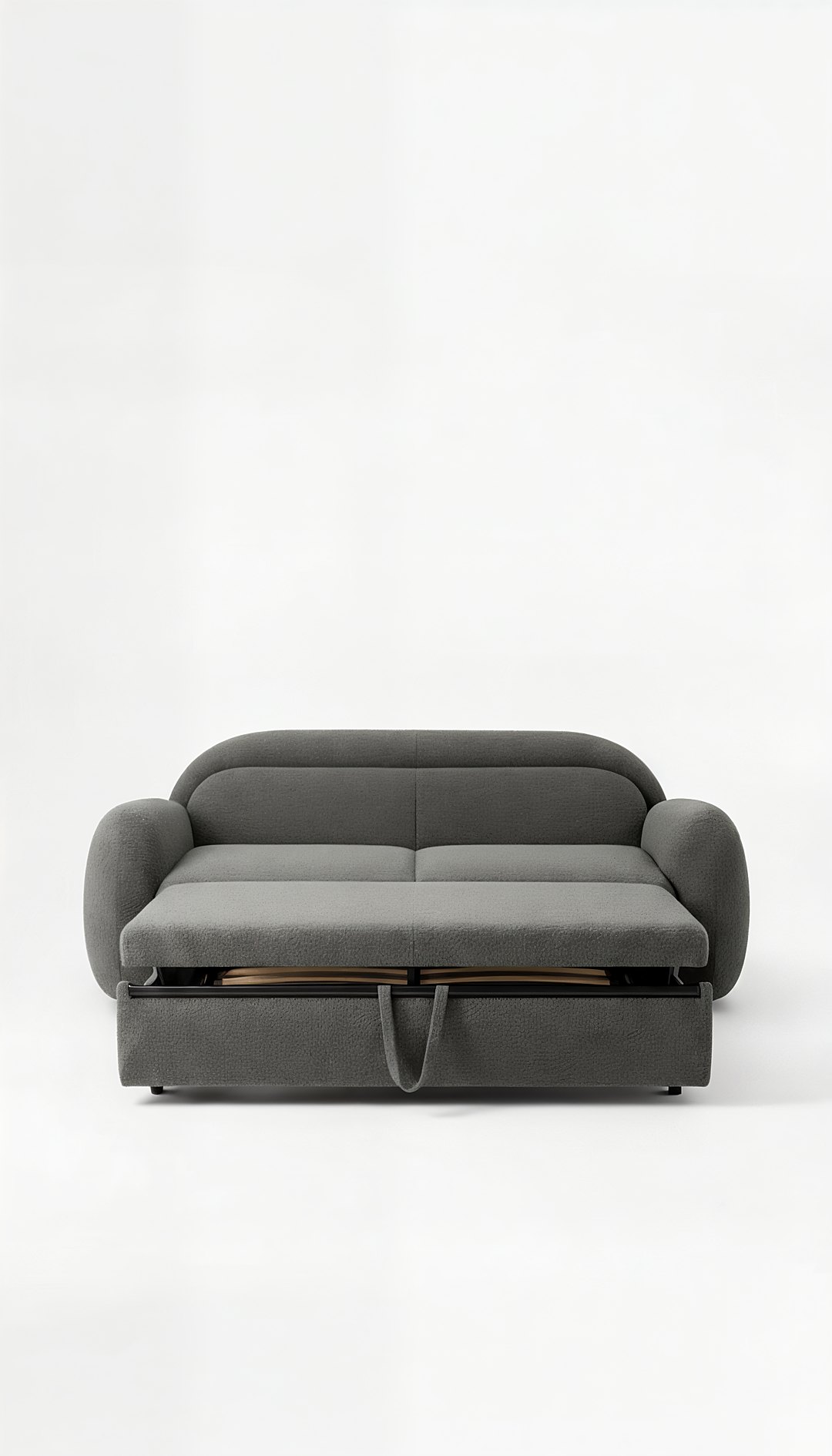 Sofá-cama de bouclé fechado, no estado de sofá, elegante e moderno