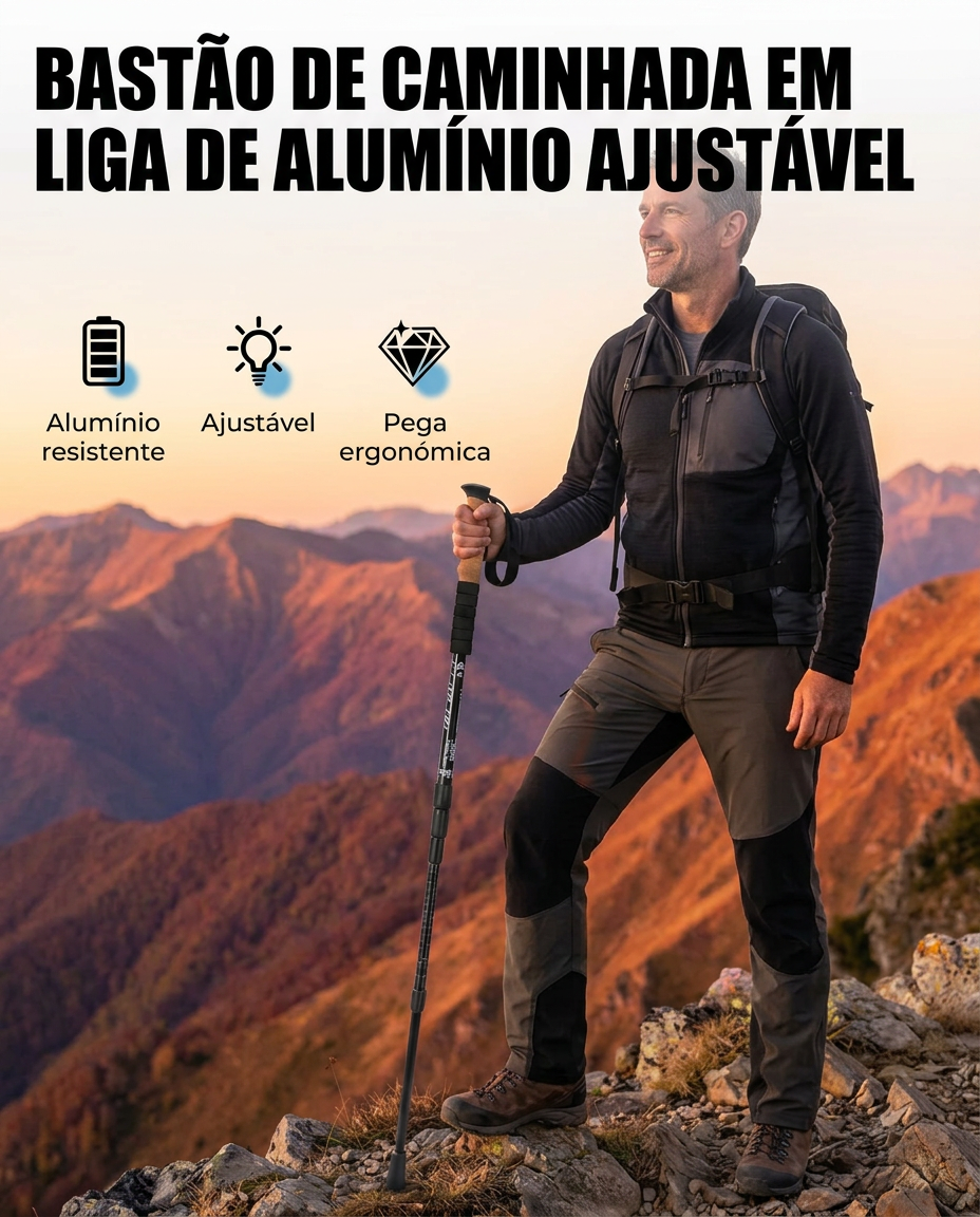 Bastão de caminhada em liga de alumínio ajustável usado por um montanhista