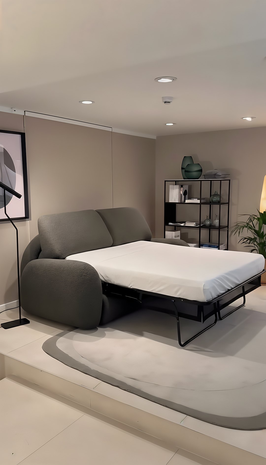Sofá-cama de bouclé aberto como cama confortável num quarto moderno e decorado