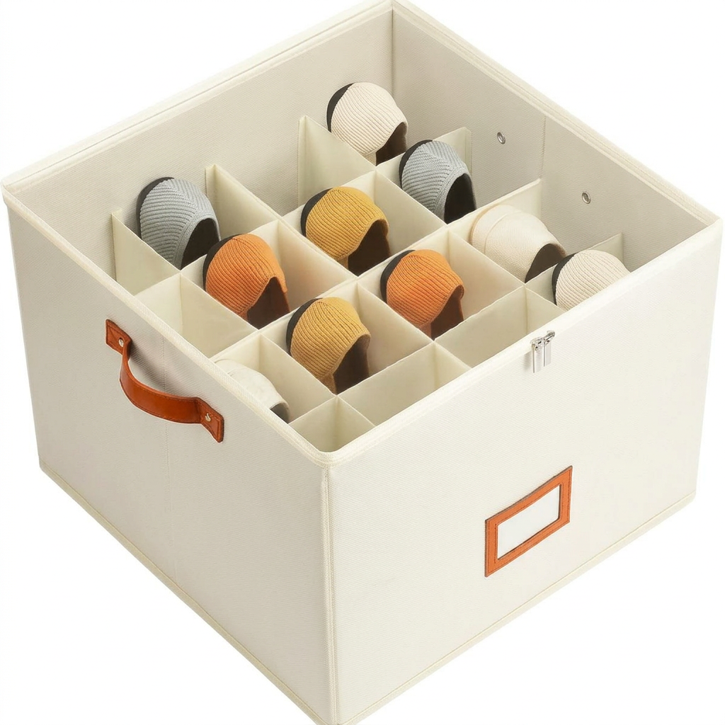 Organizador de calçado creme cheio de sapatos em fundo branco