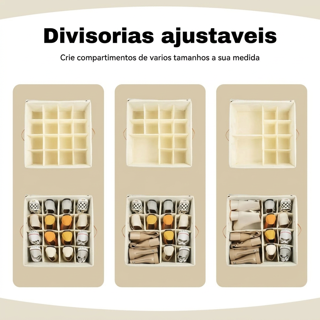 Divisórias ajustáveis que criam compartimentos de vários tamanhos