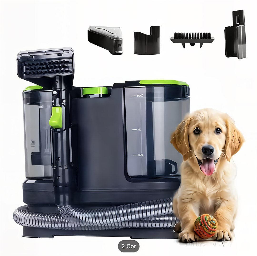 Lavador de estofos portátil com os acessórios incluídos, ao lado de um cão