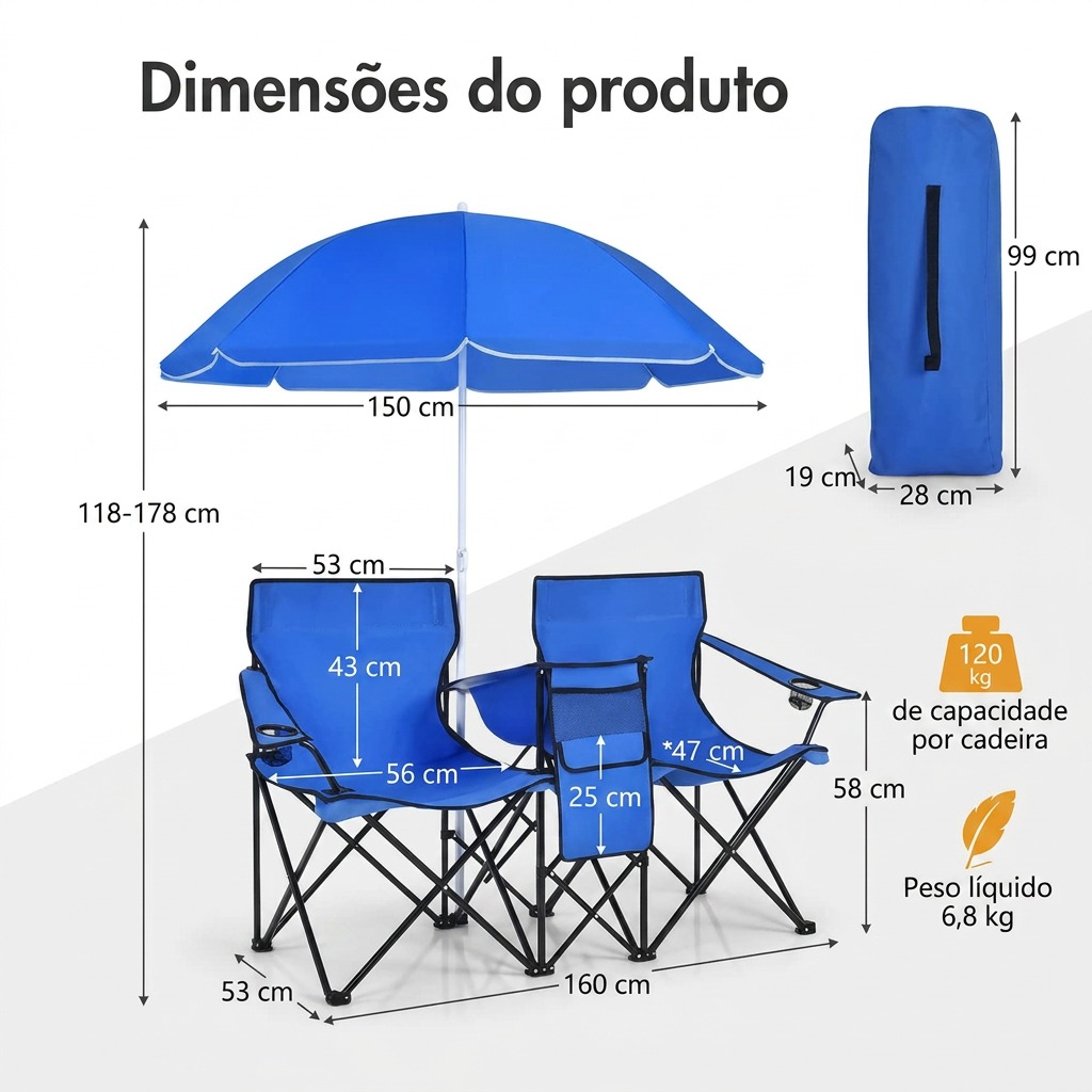 Dimensões da cadeira dupla: 160 cm de largura, guarda-sol de 150 cm, capacidade 120 kg por lugar