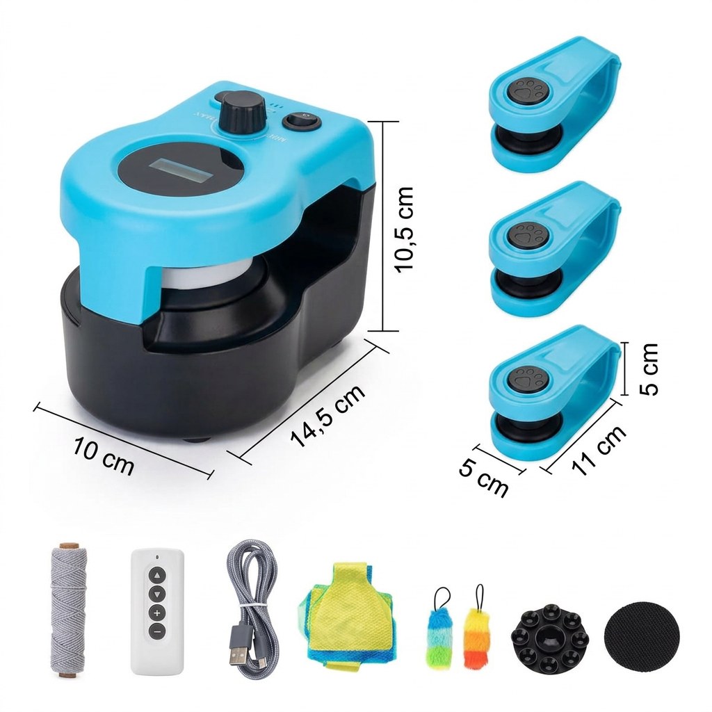 Dimensões e acessórios incluídos: base, 3 clips, comando, fio, iscos e cabo USB