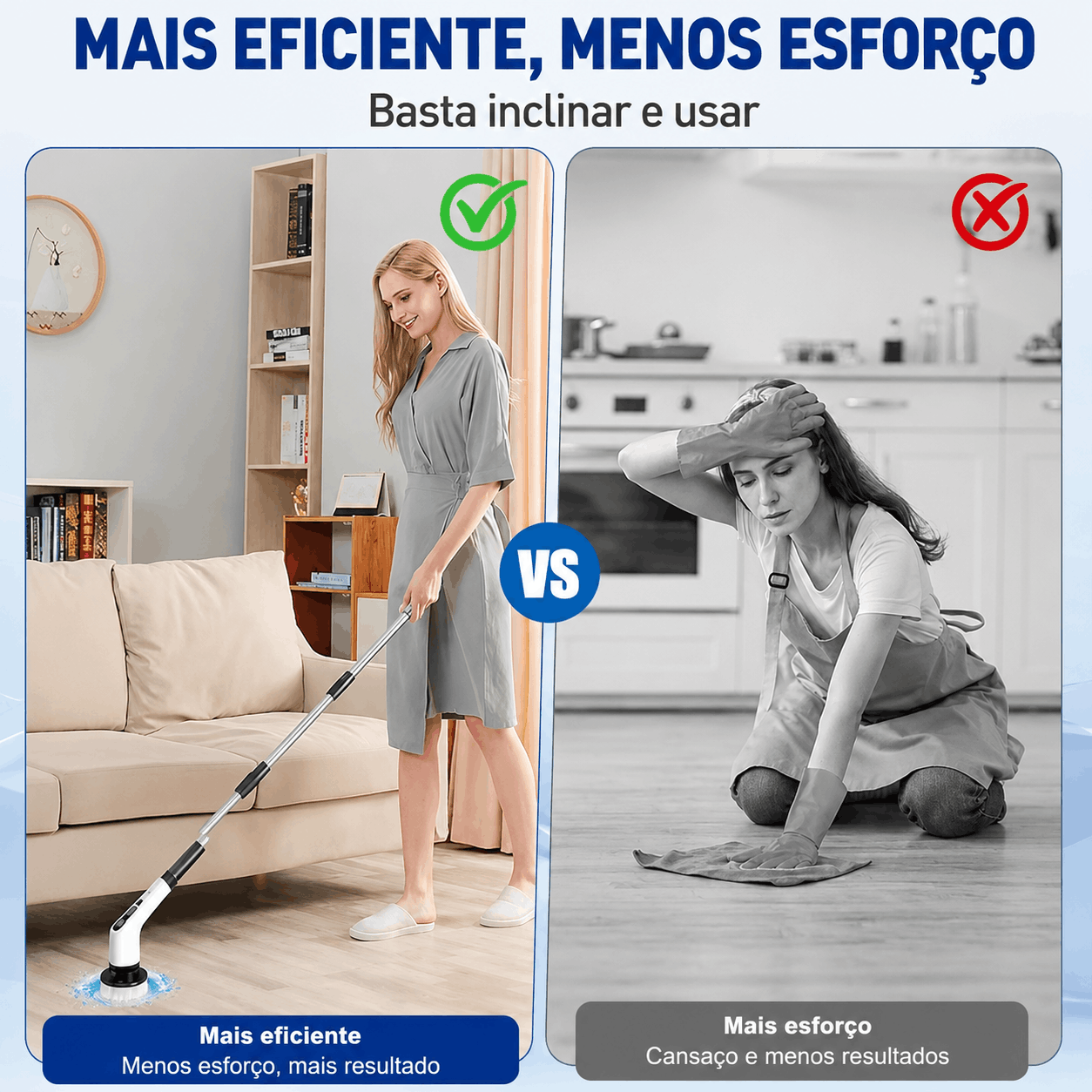 Comparação: limpar de pé sem esforço com a escova elétrica contra esfregar de joelhos à mão