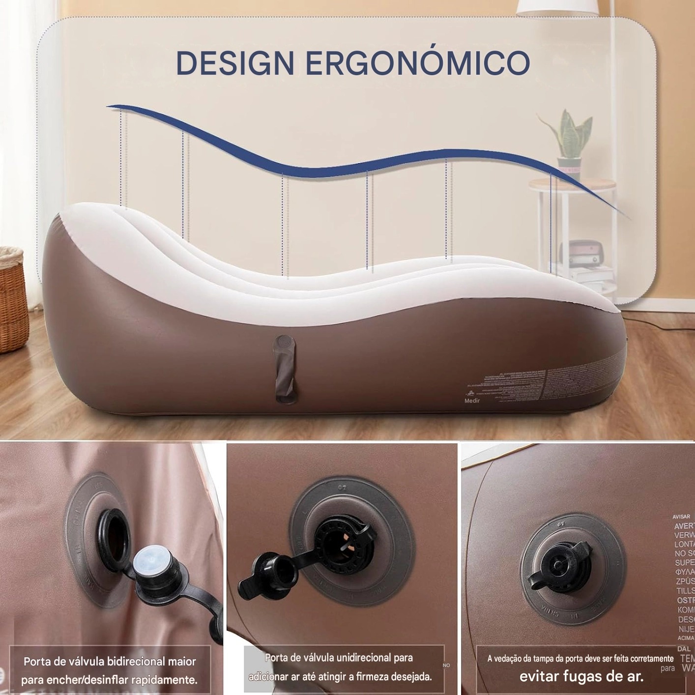 Design ergonómico da espreguiçadeira inflável com válvulas de enchimento