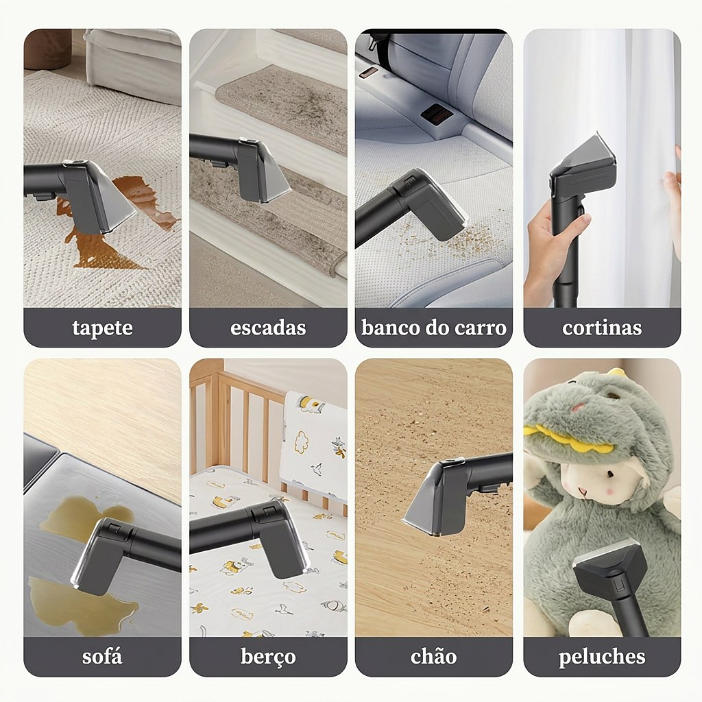 Usos do lavador: tapete, escadas, banco do carro, cortinas, sofá, berço, chão e peluches