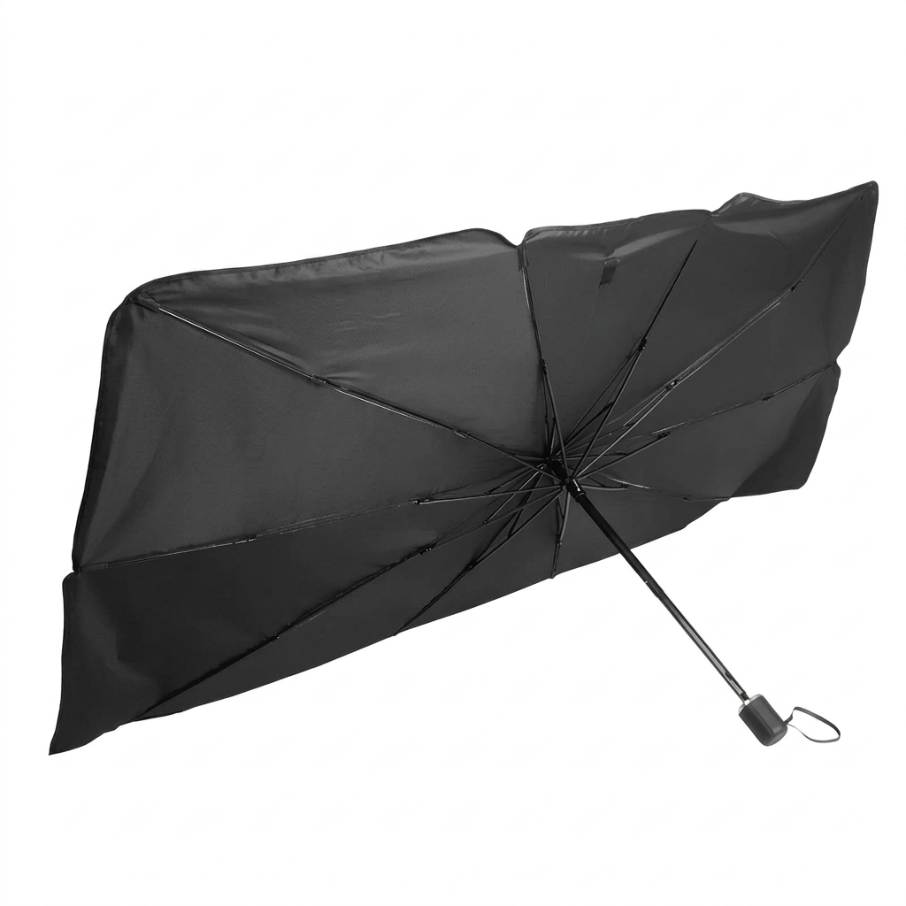 Pára-sol para carro tipo guarda-chuva aberto, em fundo branco