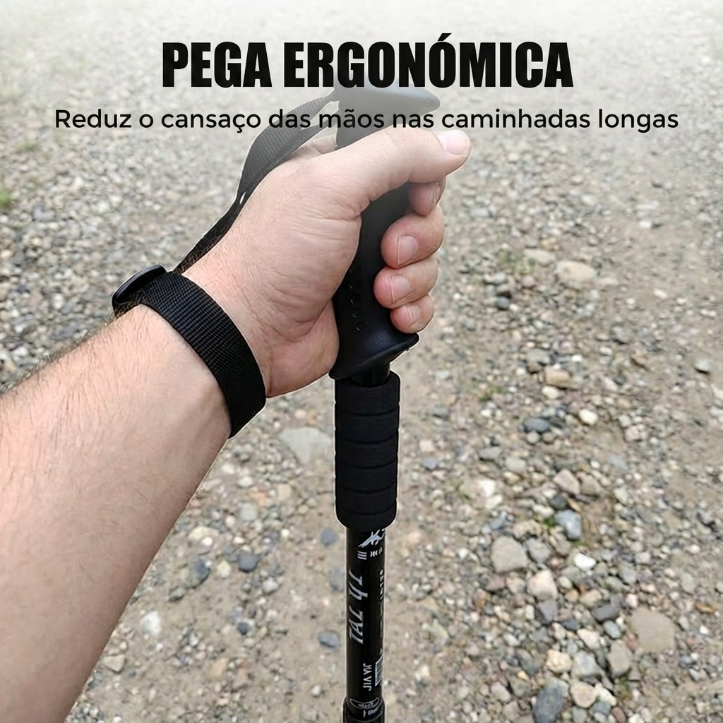 Mão a segurar a pega ergonómica do bastão com fita de pulso