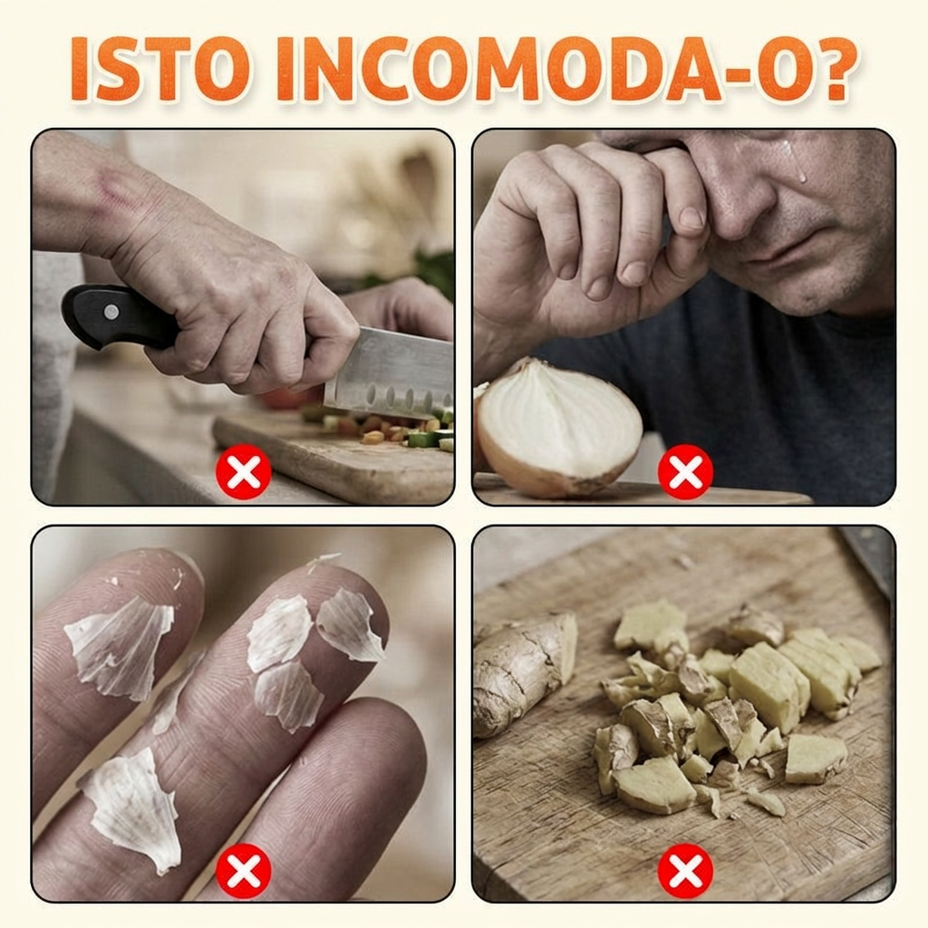 Problemas de picar os alimentos à mão: faca, cebola, luvas e gengibre