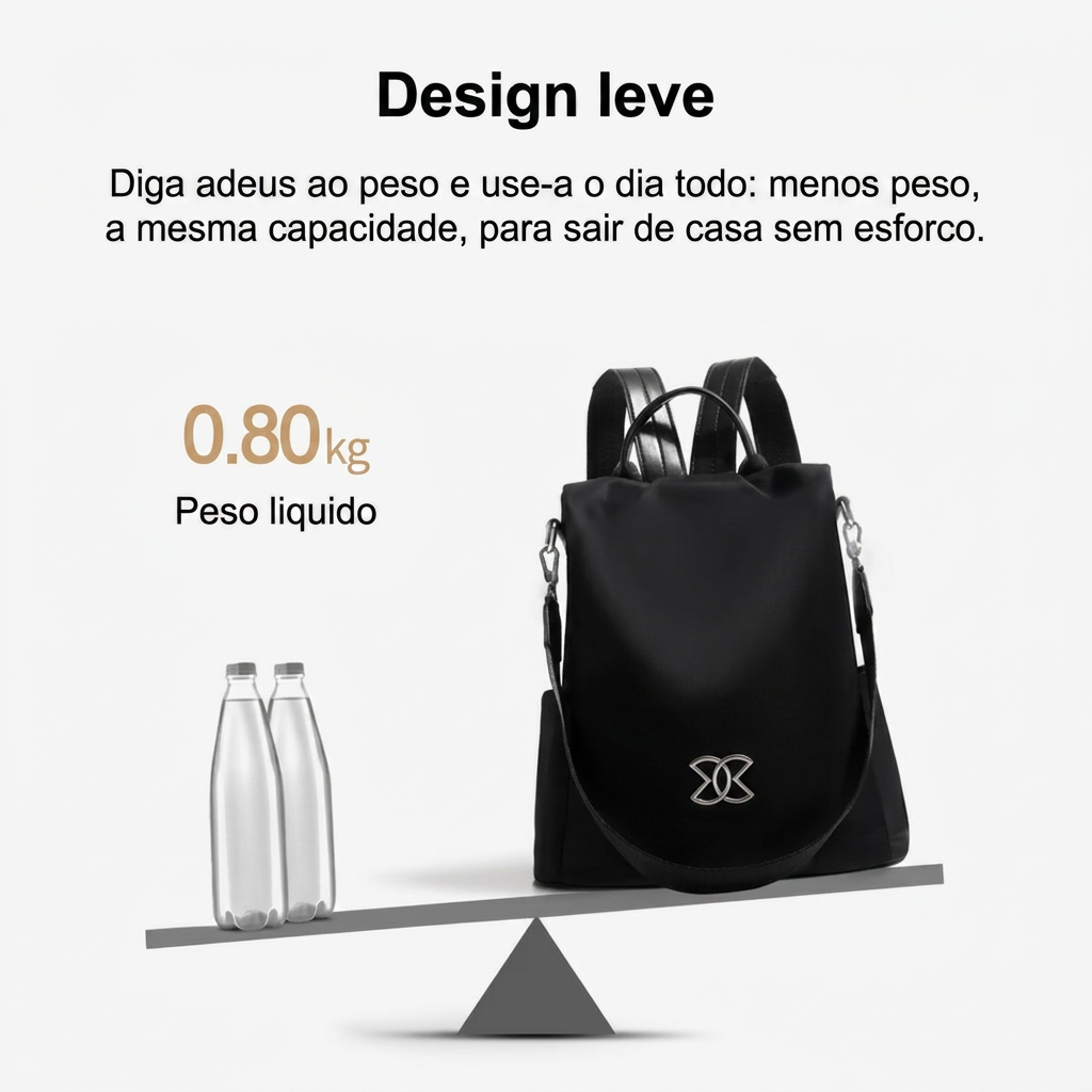 Design leve: a mochila pesa apenas 0,80 kg mantendo toda a capacidade