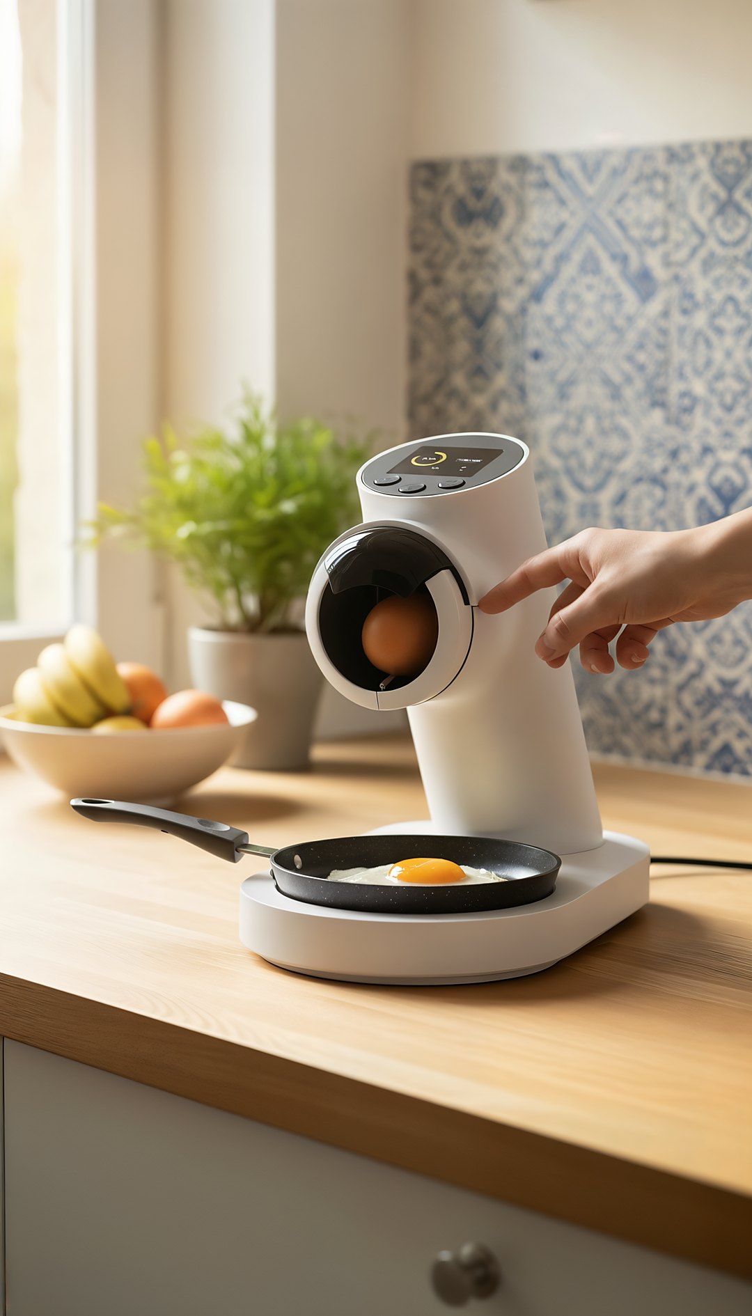 Máquina automática de cozinhar ovos em uso numa cozinha, com um ovo estrelado na frigideira