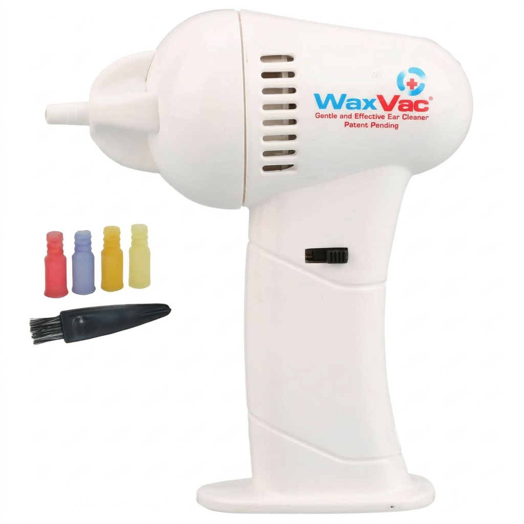 Limpador elétrico de ouvidos WaxVac com ponteiras e escova em fundo branco