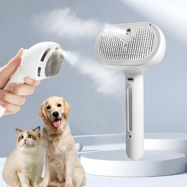 Escova de vapor para animais com névoa, ao lado de um cão e um gato