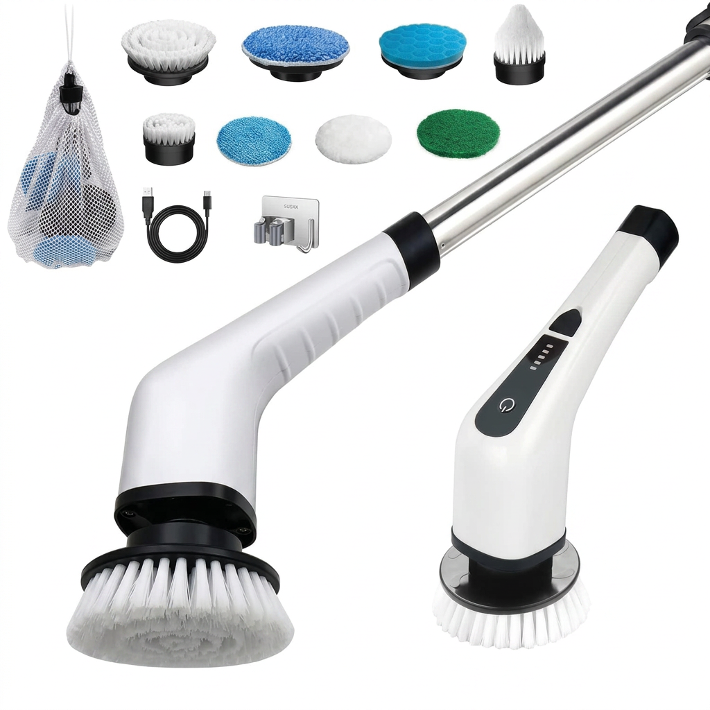 Kit completo da escova elétrica rotativa com as 8 cabeças, cabo USB e suporte em fundo branco