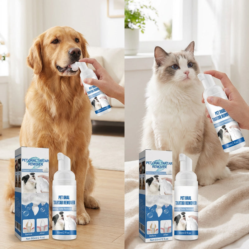 Aplicação da espuma removedora de tártaro num cão e num gato