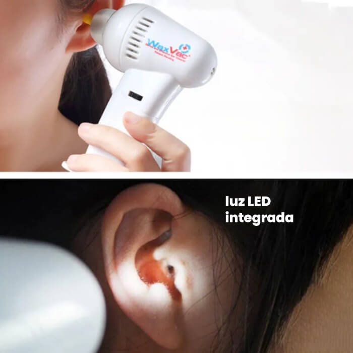Limpador de ouvidos WaxVac com luz LED integrada a iluminar a entrada do ouvido