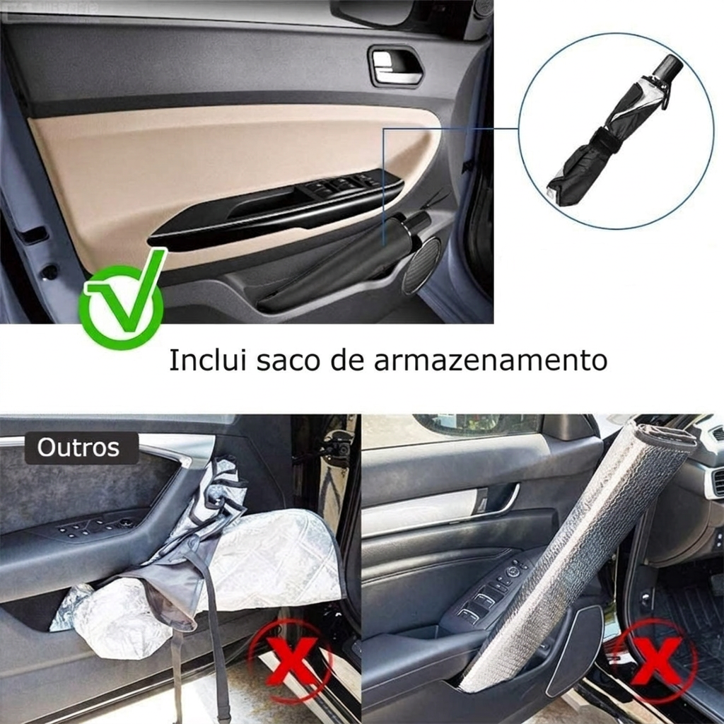 Inclui saco de armazenamento para guardar o pára-sol arrumado