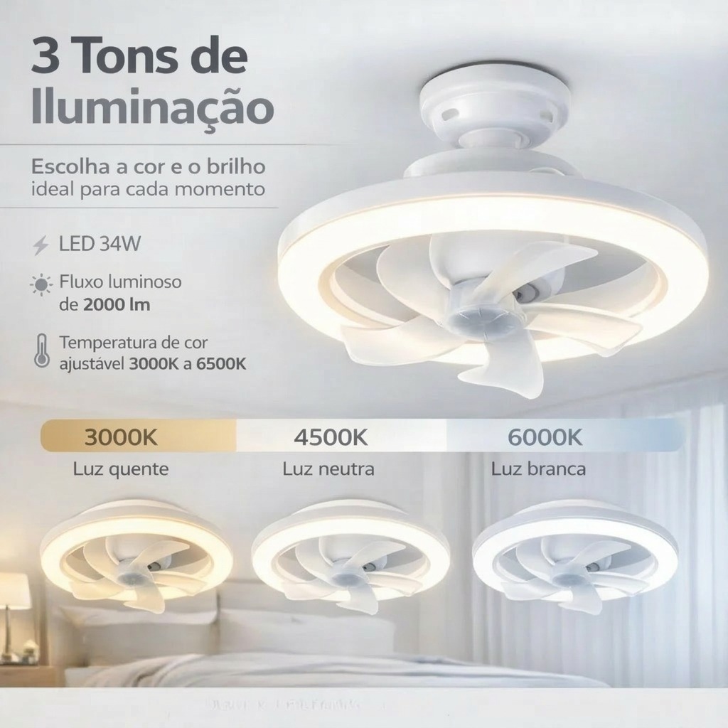 Três tons de iluminação: luz quente 3000K, neutra 4500K e branca 6000K