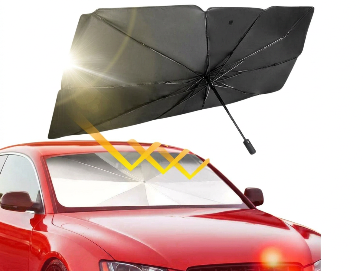 Pára-sol tipo guarda-chuva aberto sobre o pára-brisas de um carro vermelho ao sol