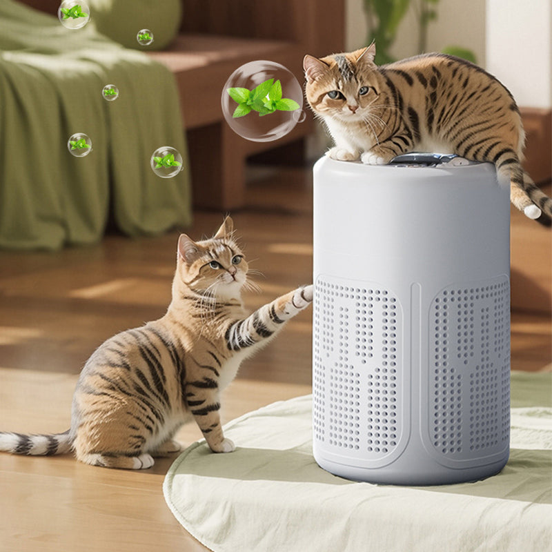 Purificador de ar numa sala com dois gatos e ar fresco à volta