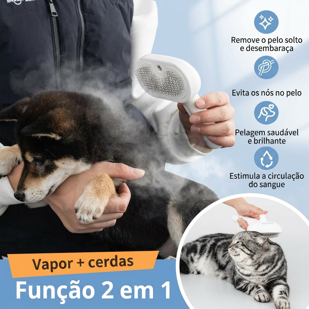 Função 2 em 1: vapor e cerdas que removem o pelo solto e desembaraçam a pelagem