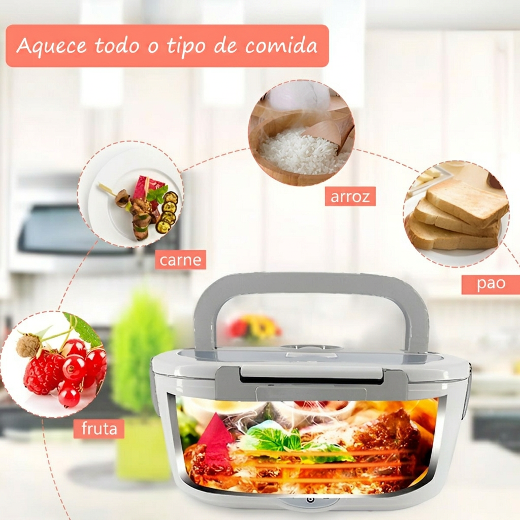 A lancheira aquece todo o tipo de comida: carne, arroz, pão e fruta
