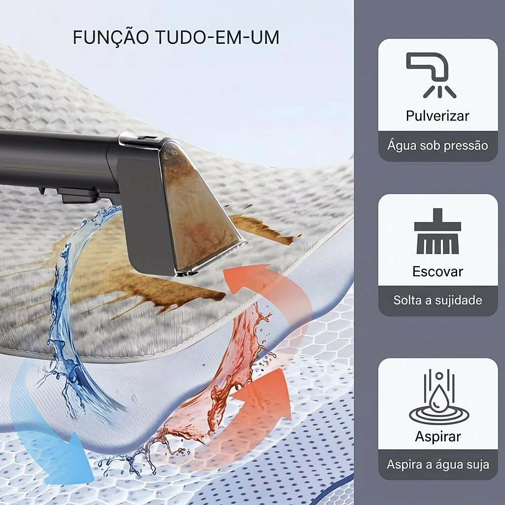 Função tudo-em-um: pulverizar água sob pressão, escovar e aspirar a água suja