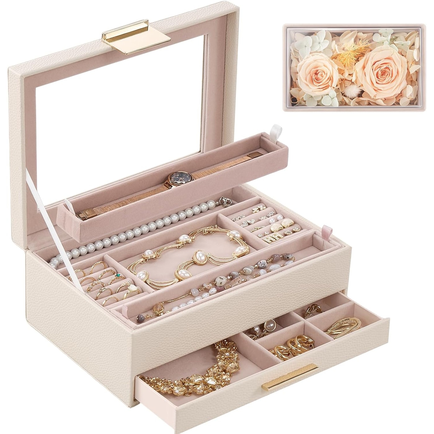 Caixa de Joias em Pele Creme com Tampa em Vidro — 2 Camadas + Gaveta