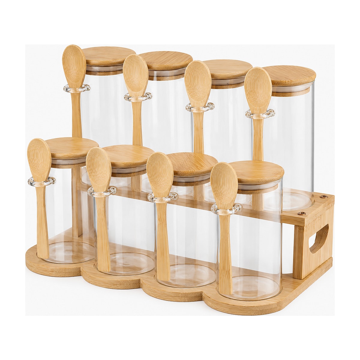 Kit Organizador de Despensa · 8 Frascos de Vidro com Colheres e Suporte