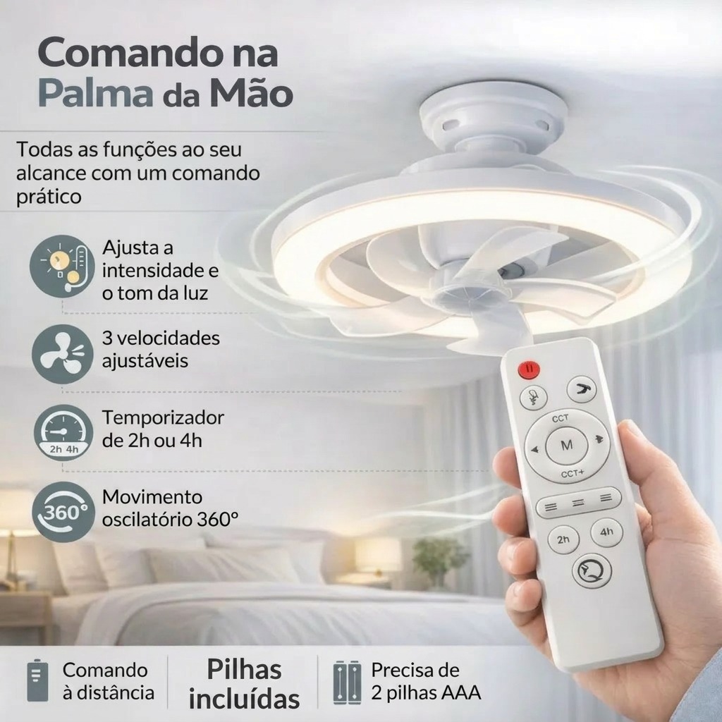 Comando à distância: ajusta a luz, a velocidade, o temporizador e a oscilação