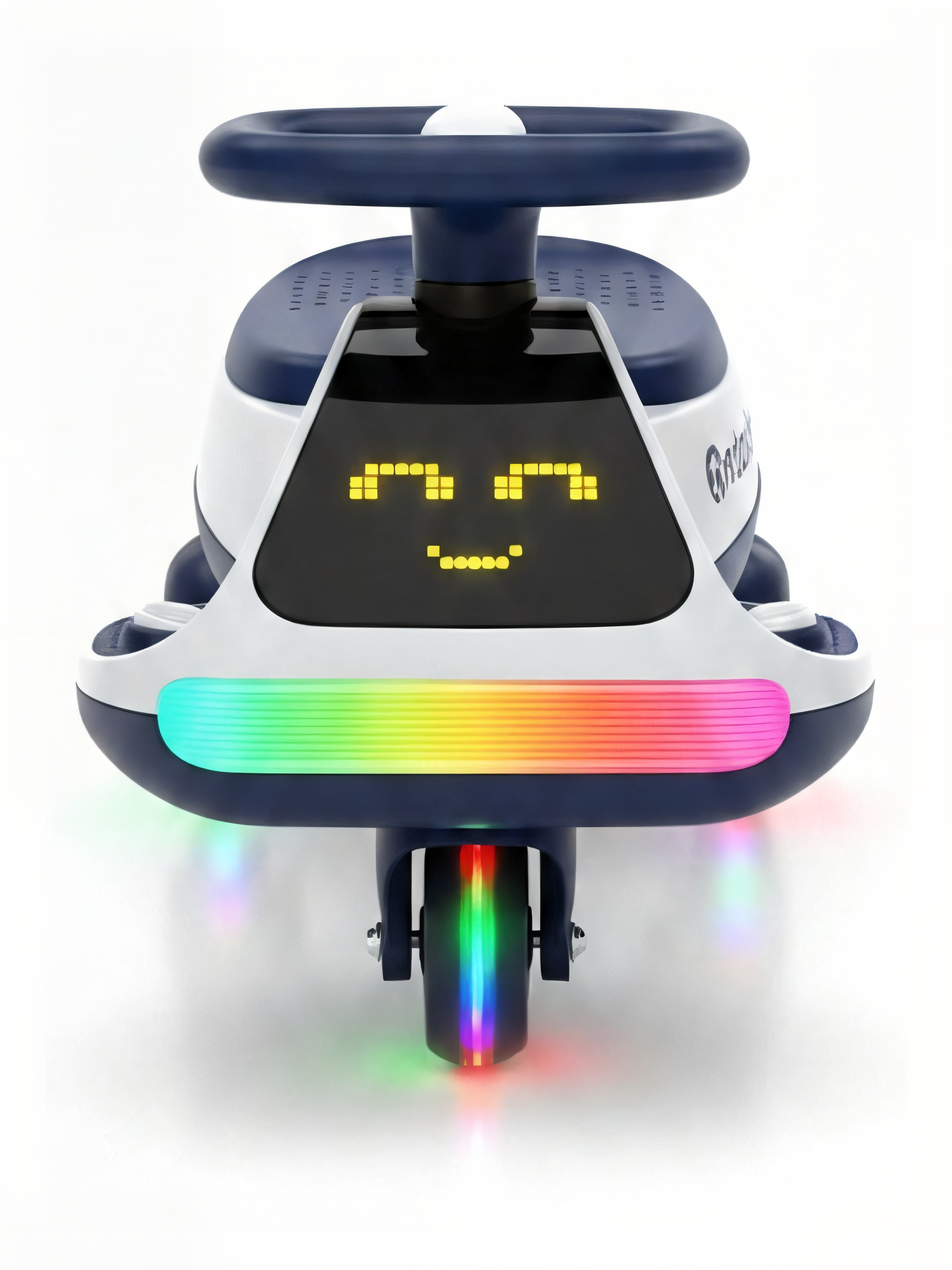 Carro de baloiço visto de frente com a carinha de LED acesa