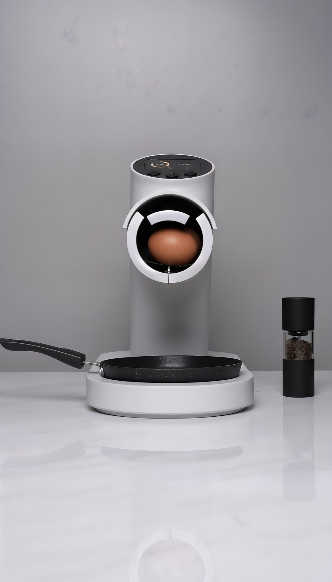 Máquina de cozinhar ovos com acabamento branco e linhas modernas