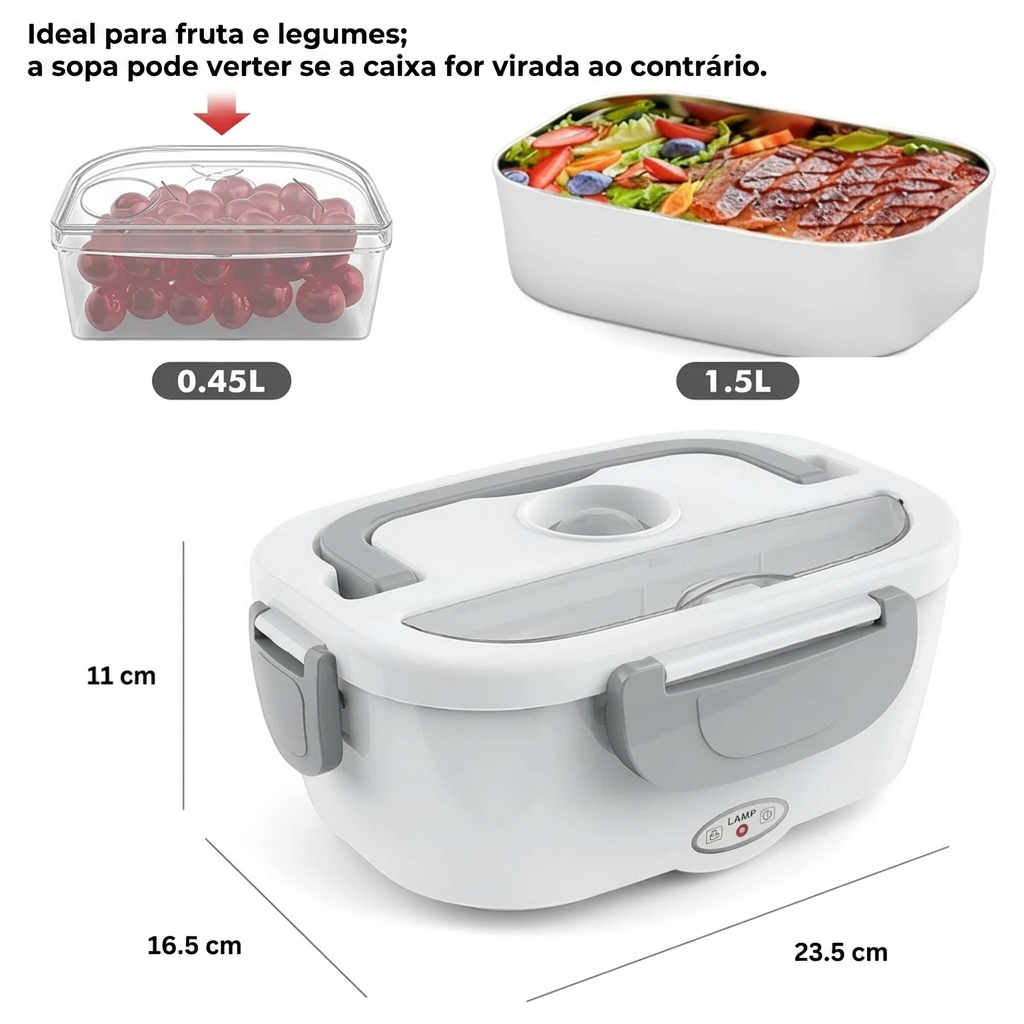 Dimensões da lancheira: 23,5 × 16,5 × 11 cm, com recipientes de 0,45 L e 1,5 L