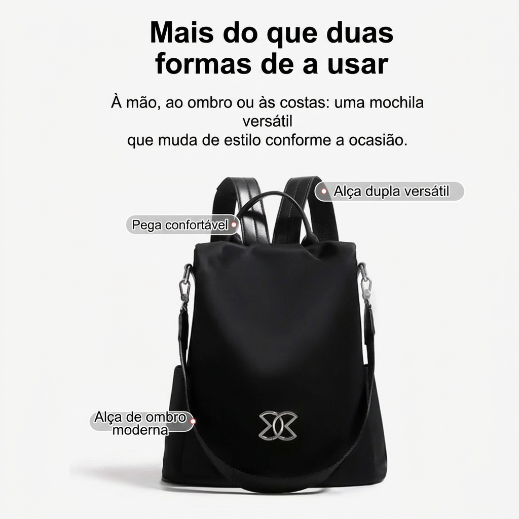 A mochila usa-se à mão, ao ombro ou às costas, mudando de estilo conforme a ocasião