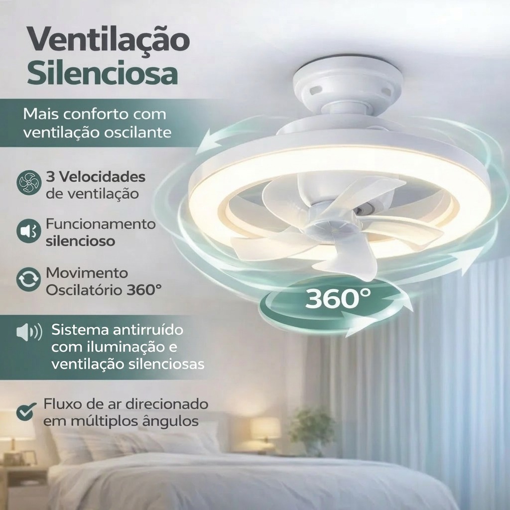 Ventilação silenciosa com movimento oscilatório 360° e sistema antirruído