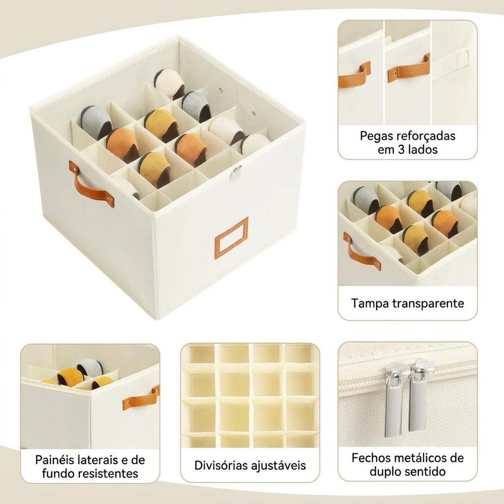 Características: pegas reforçadas, tampa transparente, painéis resistentes, divisórias e fechos metálicos